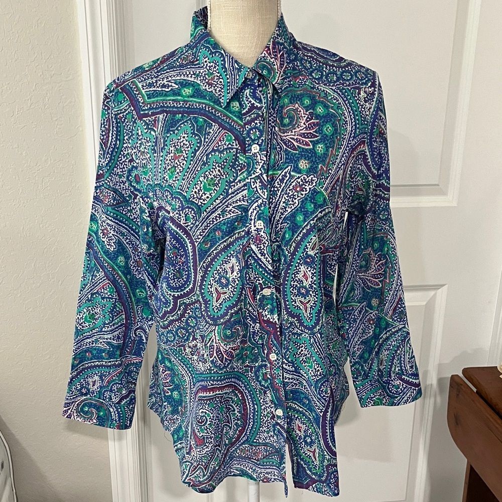 Lauren by Ralph Lauren Paisley Button Down Shirt - Teal & Purple 3/4 Sleeve Sz L